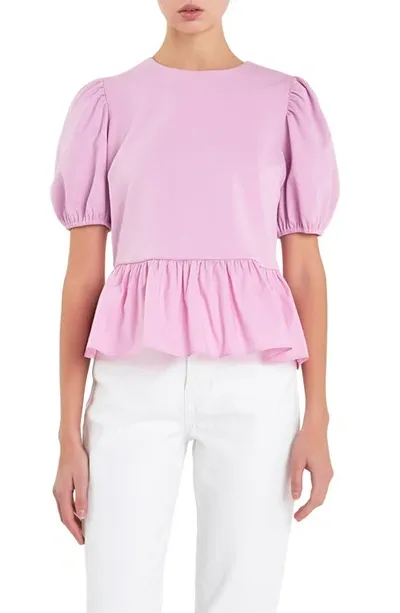 English Factory Mixed Media Puff Sleeve Peplum Top In Lavender