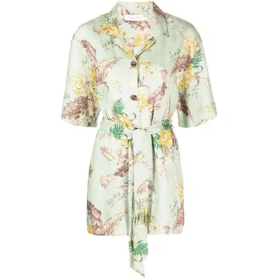 Zimmermann Matchmaker Belted Floral-print Linen Shirt In Green