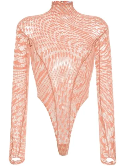 Mugler Star-print Mesh Bodysuit In Pastel