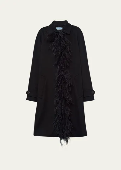 Prada Feather-trim Cashmere Coat In F0002 Nero