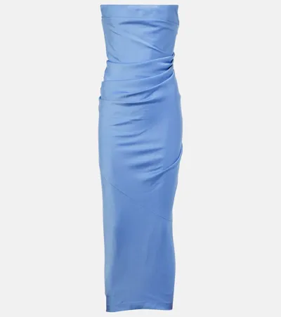 Alex Perry Satin Crepe Strapless Draped Midi Dress In Periwinkle