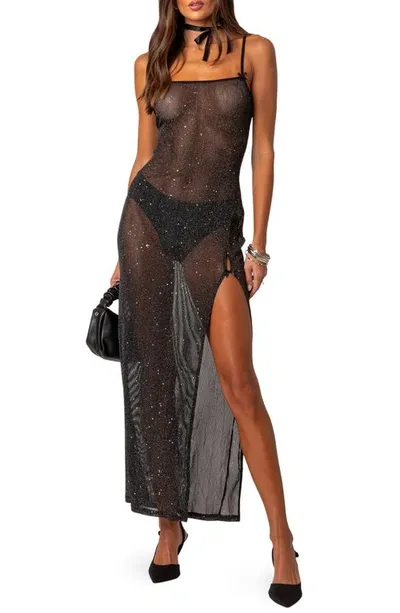 Edikted Women's Sheer Micro Sequin Slitted Maxi Dress In Black