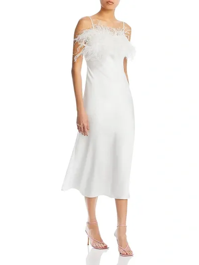 Line & Dot Kimi Sleeveless Feather Trim Midi Dress In Off White