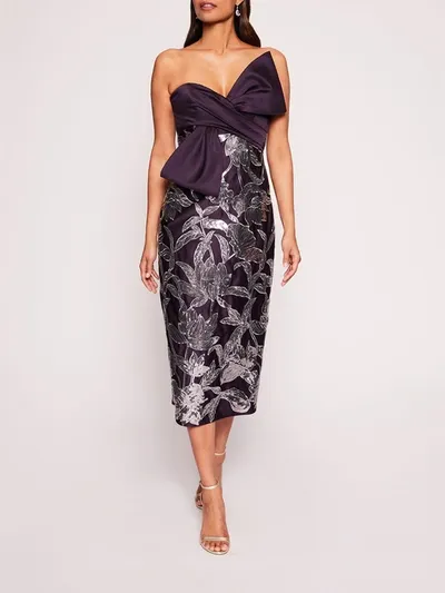 Marchesa Lotus Sequin Midi Dress In Aubergine/gunmetal