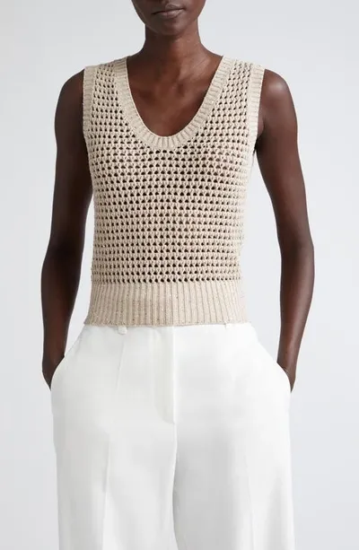 Brunello Cucinelli Open-knit Tank Top With Sequin Detail In Camel