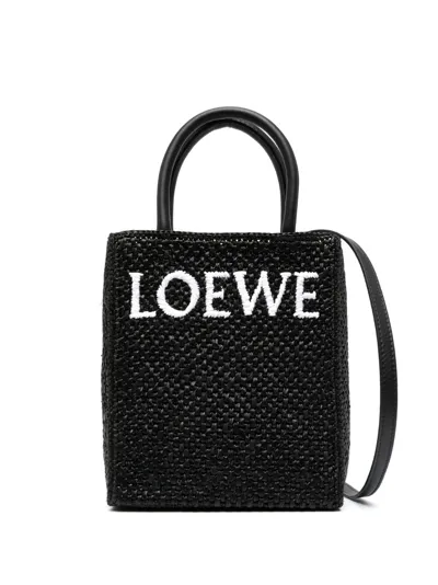 Loewe Leather-trimmed Raffia Tote In Black