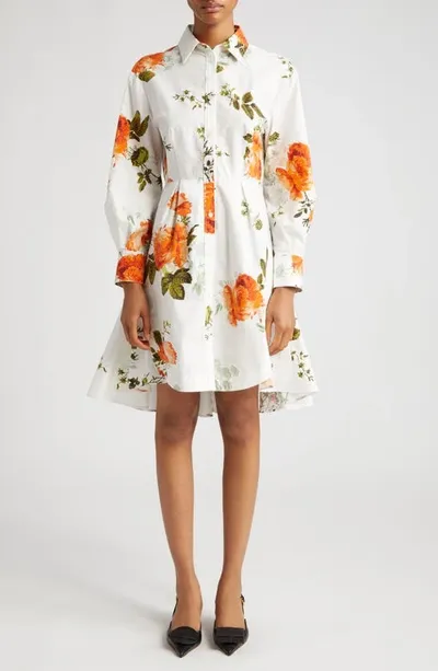 Moncler X Rick Owens Floral-print Pleated-back Long-sleeve Mini Shirtdress In Black