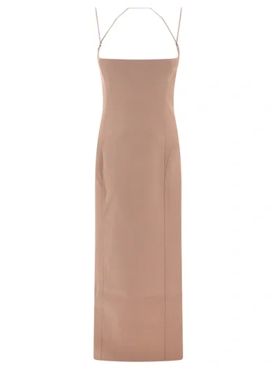 Attico The  Gabardine Square Neck Midi Dress In Beige