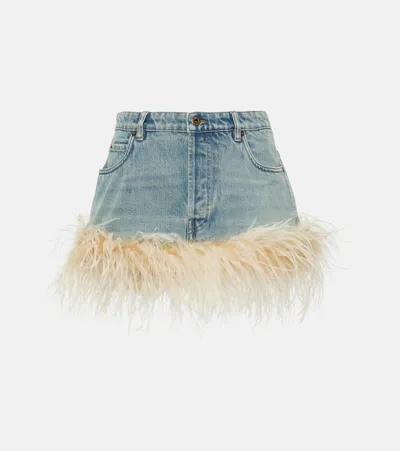 Miu Miu Feather-trimmed Denim Miniskirt In Blue