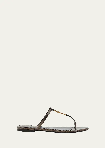 Saint Laurent Cassandra Leather Ysl Thong Sandals In Metal Walnut