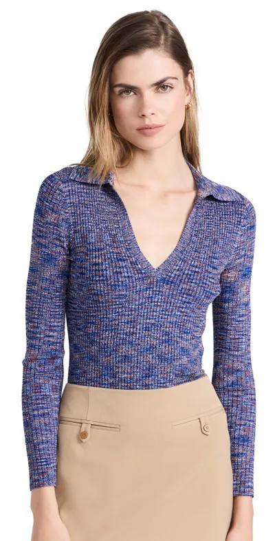 Veronica Beard Chandra Long-sleeve Knit Polo Top In Blue Multi