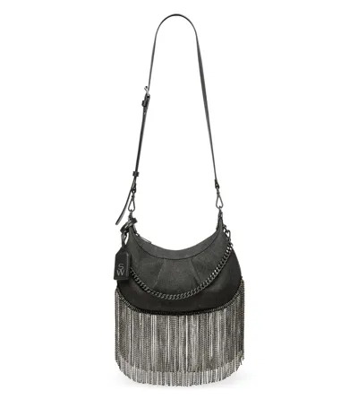 Stuart Weitzman , Stellar Crescent Crystal Fringe Bag, Bags, Black, Vintage Denim