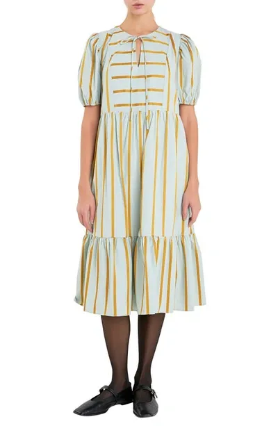 English Factory Women's Striped Blouson Midi Dress In Sage Multi