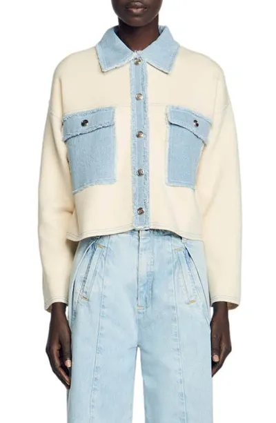 Sandro Dolly Denim Trim Button-up Sweater In Ecru