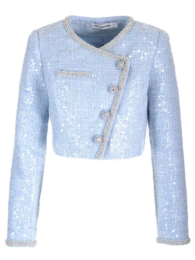 Self-portrait Cropped Embellished Sequined Bouclé Jacket In White