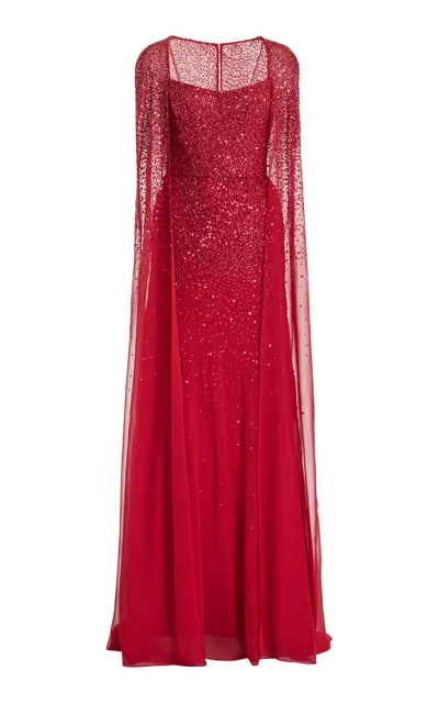 Monique Lhuillier Embellished Chiffon Cape Gown In Red