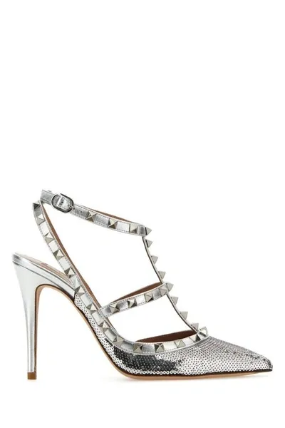 Valentino Garavani Woman Embellished Leather Rockstud Pumps In Silver