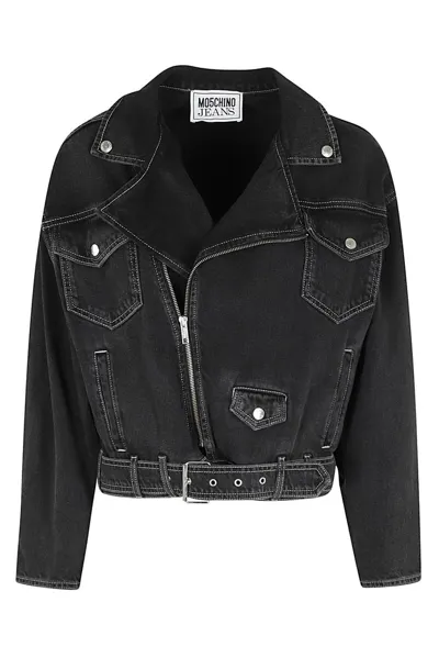 Moschino Jeans Zipped Belted Denim Biker Jacket In Black