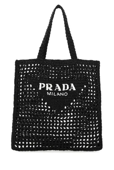 Prada Logo Embroidered Woven Tote Bag In Black