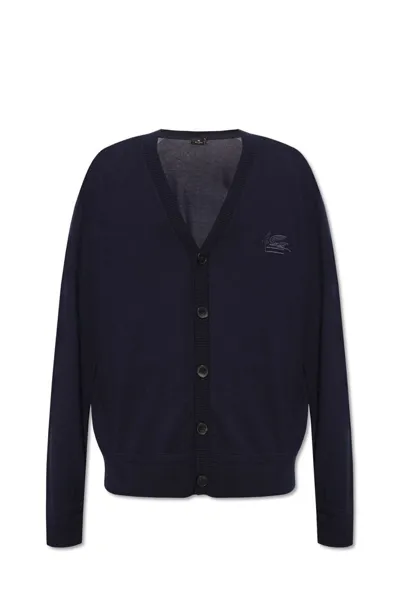 Etro Pegaso Embroidered Knit Cardigan In Navy