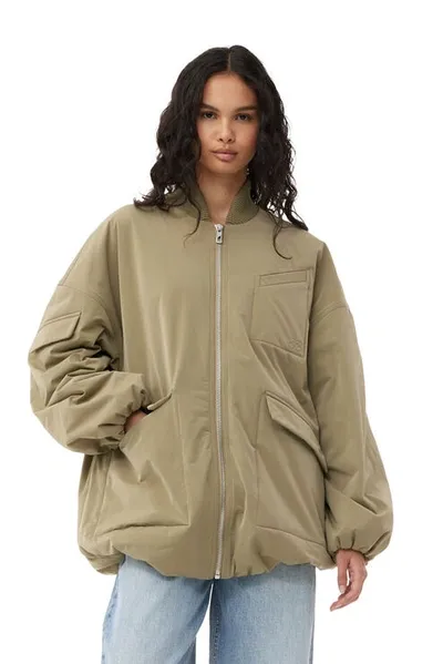 Ganni Light Twill Oversized Bomber Jacket In Green