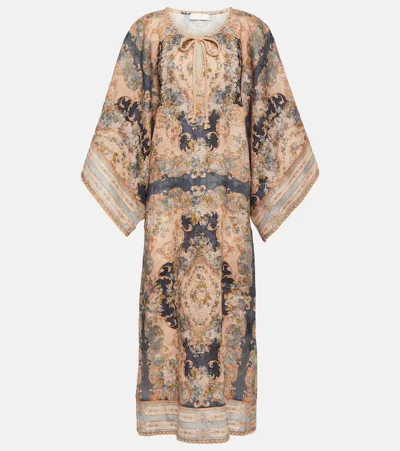 Zimmermann Linen August Kaftan Midi Dress In Blue,multi