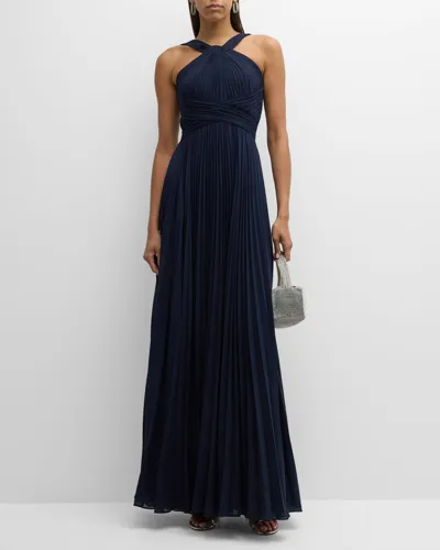 Rickie Freeman For Teri Jon Pleated Twist-front A-line Halter Gown In Navy