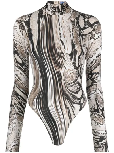 Mugler Snakeskin-print Bodysuit In Neutrals