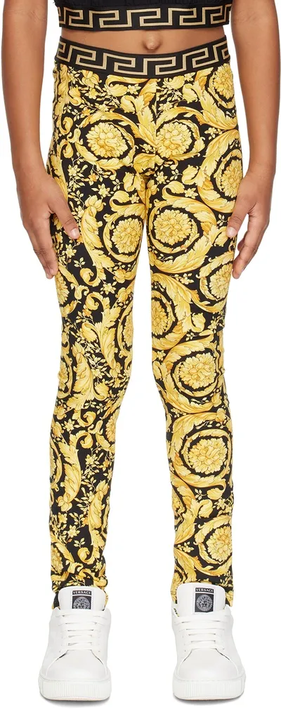 Versace Kids Gold & Black Barocco Leggings In Nero+oro