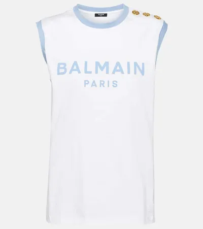 Balmain Logo Tank Top In White Blue