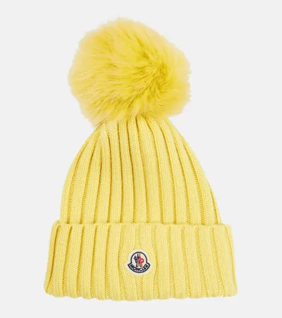 Moncler Logo Virgin Wool Beanie In Yellow