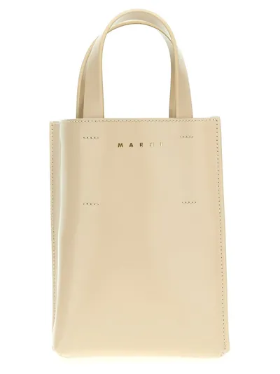 Marni Logo Printed Top Handle Bag In Beige