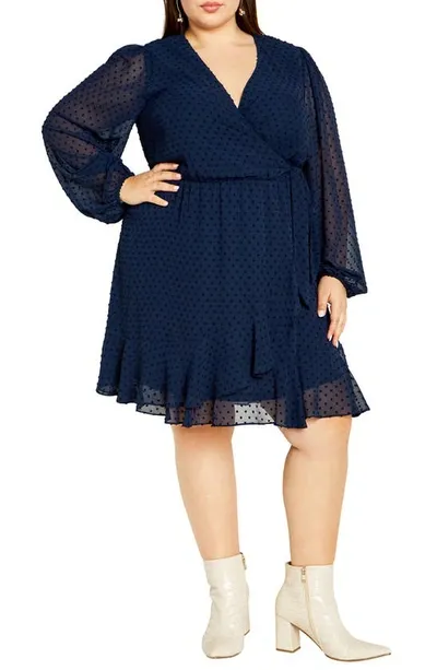 City Chic Long Sleeve Dobby Faux-wrap Dress In True Navy