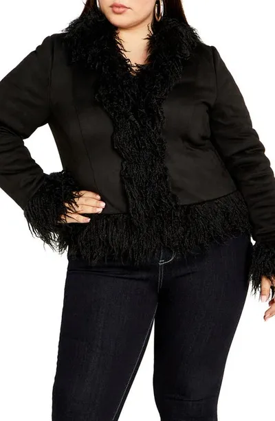 City Chic Indie Faux Fur Trim Jacket In Black