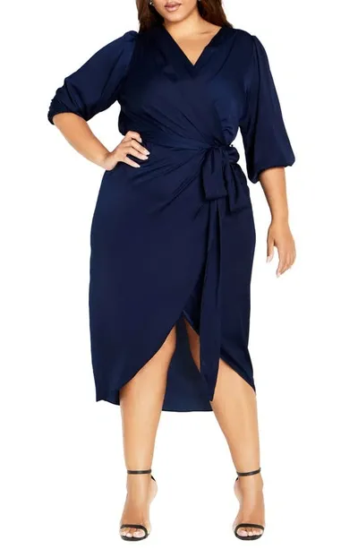 City Chic Opulent Wrap Front Midi Dress In Navy