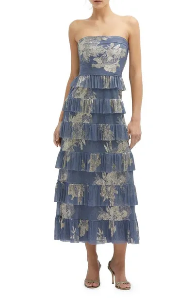 After Six Floral Print Ruffle Strapless Dress In French Blue Gold Foil