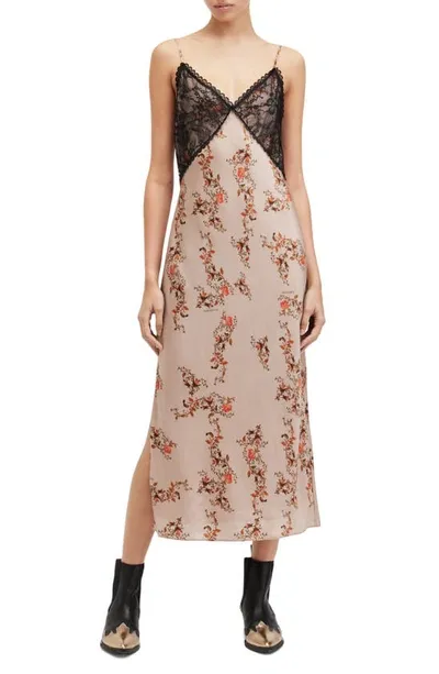 Allsaints Immy Oto Floral Print Slipdress In Almond Beige