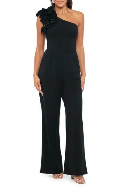 Xscape Ruffle One-shoulder Scuba Crepe Jumpsuit In Black