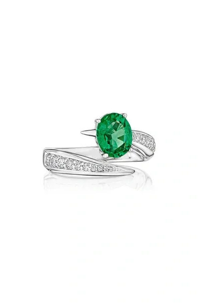 Hueb Women's 18k White Gold, Emerald & 0.358 Tcw Diamond Bypass Ring