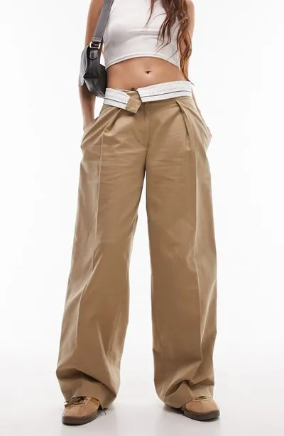 Topshop Linen Draw String Waist Straight Leg Pants In Sand-neutral