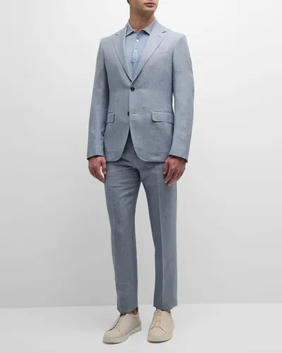 Zegna Men's Plaid Crossover Wool Linen Suit In Bright Blue Check