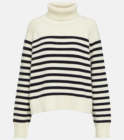 Nili Lotan Gideon Stripe Wool Cashmere Turtleneck Sweater In Ivory Dark Navy Stripe