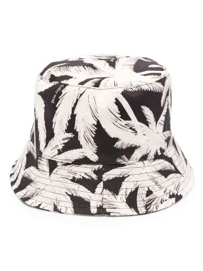 Palm Angels Allover Palms Cotton Bucket Hat In 1003 Black Off White