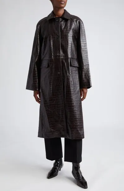 Totême Croc Embossed Raglan Sleeve Leather Coat In Dark Brown