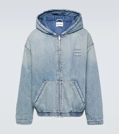 Miu Miu Logo Denim Hoodie In Blue