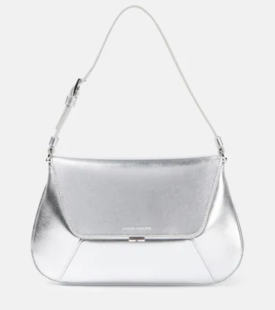 Amina Muaddi Ami Leather Shoulder Bag In Silver