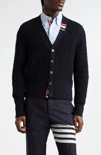 Thom Browne Jersey Stitch V-neck Cardigan In Blue