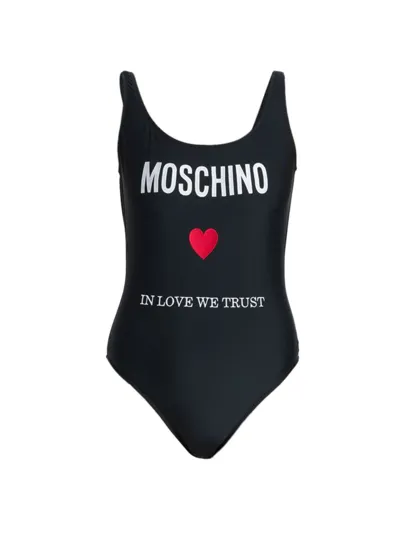 Moschino Logo-embroidered Open-back Swimsuit In Black