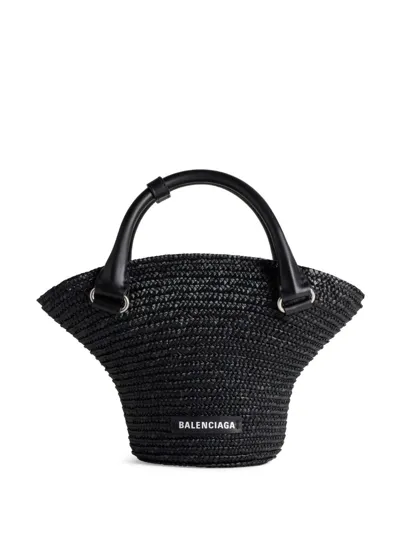 Balenciaga Medium Straw Basket Tote Bag In Black