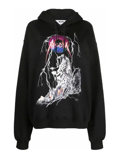 Msgm Graphic-print Cotton Hoodie In Black